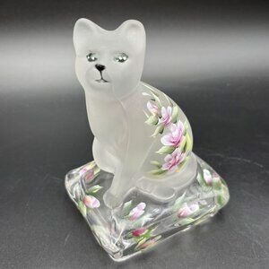 Handpainted Clear Satin Glass Cat Figurine Sitting On Pillow Paperweight Floral